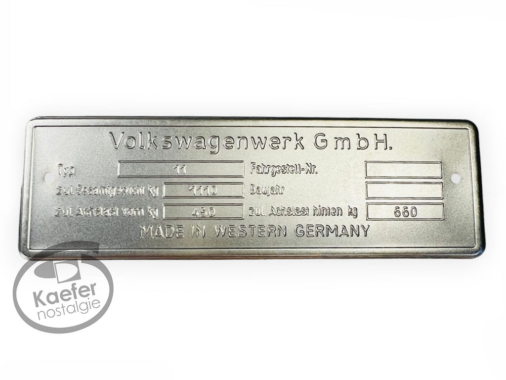 VW Oval Beetle Bug Blank ID Plate, 1953-60 - Made In Germany