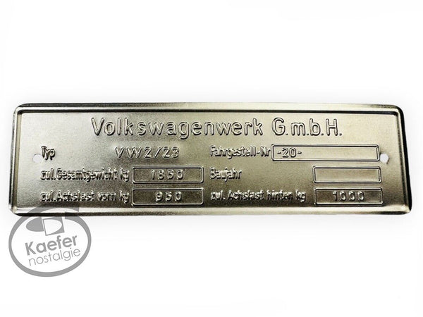 VW Bus Blank ID Plate, Type 23, Up To 1960