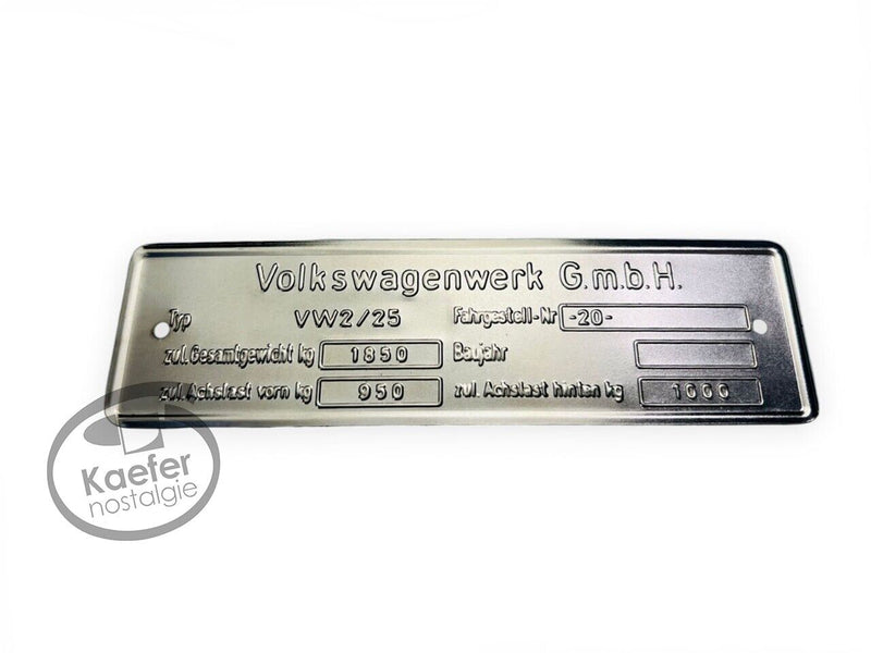 VW Bus ID Plate, Type 25, up to 1960