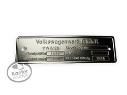 VW Bus ID Plate, Type 21, up to 1960